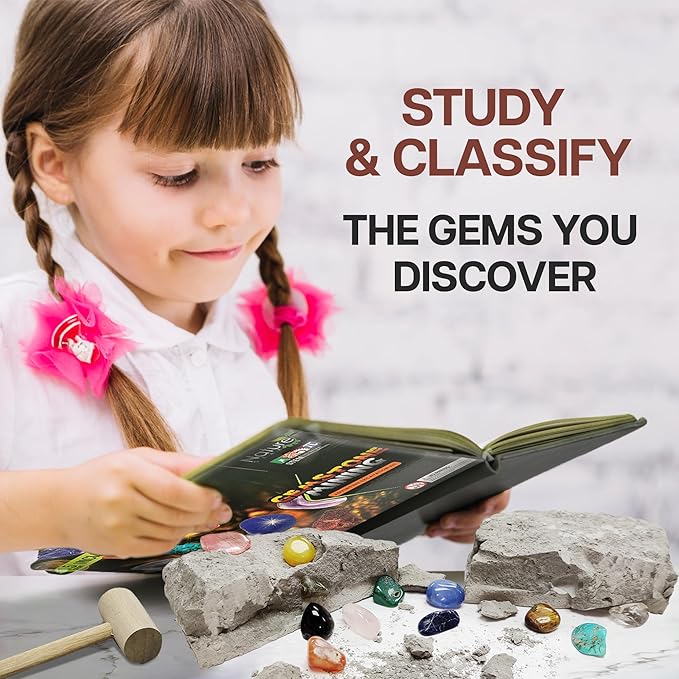 Nature Gear Gemstone Dig Kit for Kids, Educational Crystal Excavation Kit with 15 Mystery Gems, Interactive Adventure Fossil Mining Toy for Kids Age 3-5 and Up