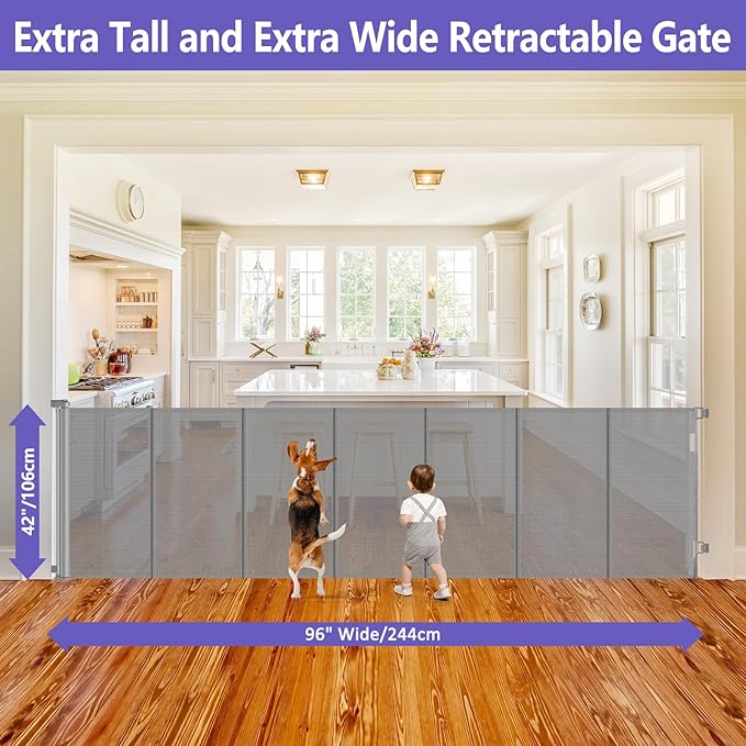 Reinforced 42" Extra Tall x 96" Wide Retractable Pet Gate with Support Rods-Prevent Crawling Under, Extra Tall Baby Gate Long Dog Gate Indoor/Outdoor Retractable Gate Tall Dog Gates for Doorways, Gray