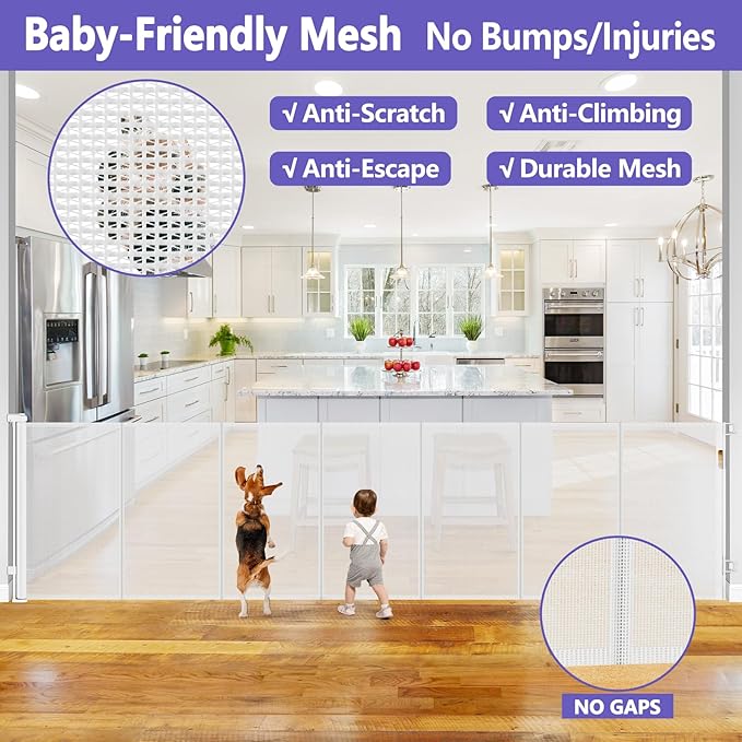 Reinforced 42" Extra Tall Retractable Baby Gates 96" Wide Retractable Dog Gate with Support Rods-Prevent Crawling Under Long Baby Gate Extra Tall Dog Gate Indoor/Outdoor Tall Baby Gates for Dogs/White