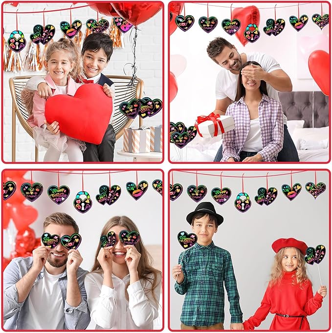 FEBSNOW Valentines Crafts for Kids, 48 PCS Heart Rainbow Magic Scratch Art Valentines Day Cards for Kids Classroom Scratch Paper Art for Valentines Day Gifts Party Favors witn Heart Stickers