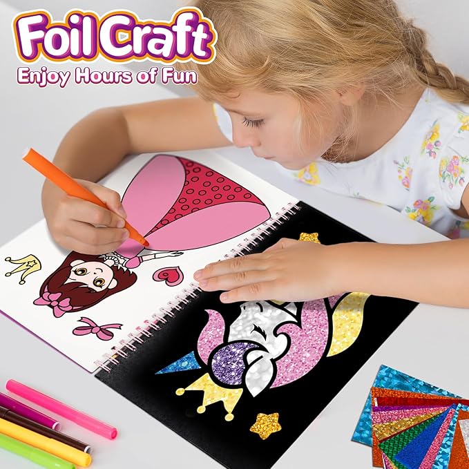 Syahro Art Craft Activity for Kids: Foil Funny Princess, Unicorn and Mermaid Carefree Creative Travel Set, Idea for 3 4 5 6 7 8 9 Year Old Girls，Art Travel Toy Suitable for Girls
