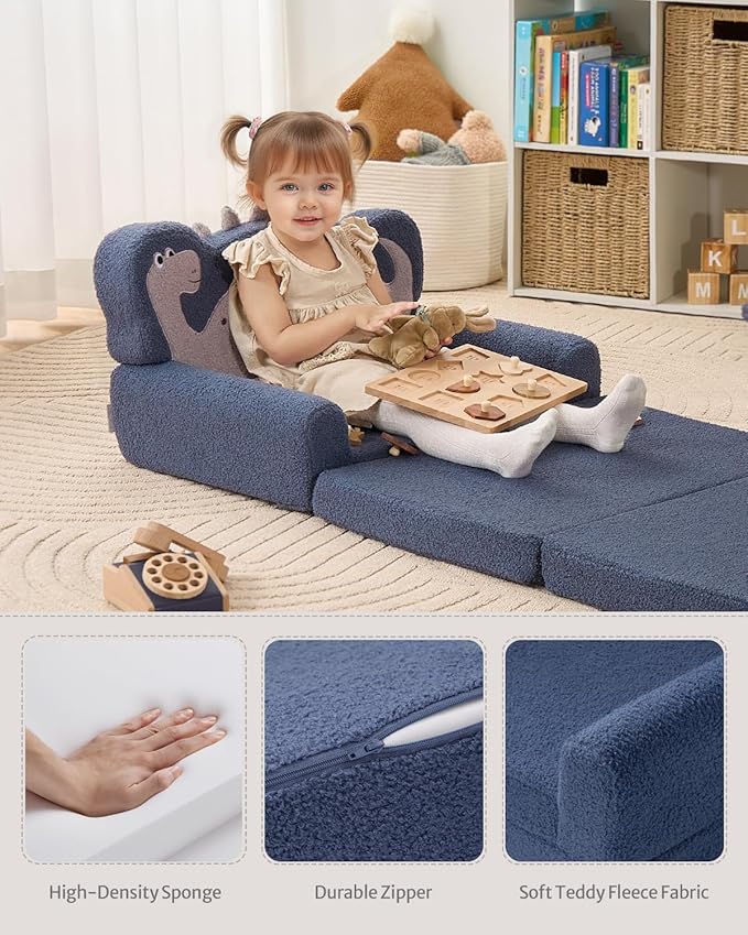 Blissful Diary Kids Couch, 2-in-1 Soft Toddler Couch Fold Out, Toddler Chair Comfy, Convertible Sofa to Lounger with Cute Dinosaur Designs, Blue