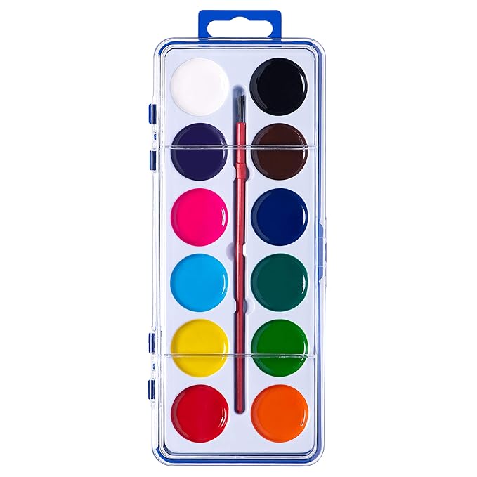 Pack of 12 Watercolor Paint Set for Kids - Washable Paint Sets with 12 Vibrant Colors - Suitable for Home, Classroom, and Art Parties - Includes Paintbrush for Creative Fun Activity on the Go