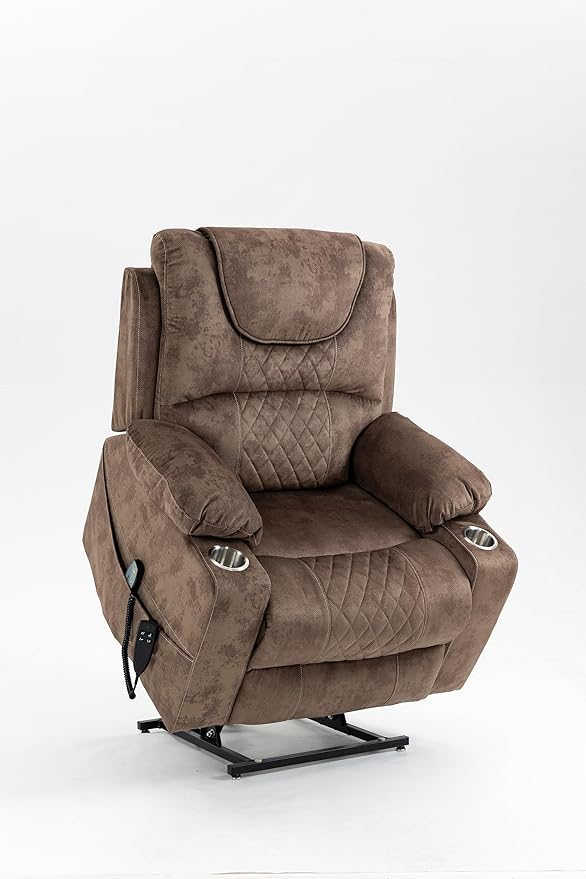FANYE Electric Power Lift Chair for Elderly W/Massage and Heat, Infinite Positions 2 Remote Controllers Oversized Velvet Upholstered Recliner & Armchair W/Side Pockets & Cup Holders, Brown V