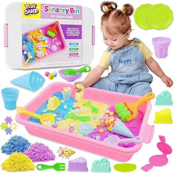 Sensory Bin - Baking & Ice Cream Making Set with 3.3lb Play Sand, Waffle Cake Molds and Sand Tools, Ice Cream Toy Shop, Gifts for Girls & Boys