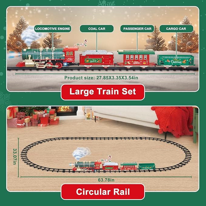 JUQU Train Set, Electric Train Set w/Smoke, Light and Xmas Sounds, Christmas Tree Train Toys w/Steam Locomotive Engine, Toddler Train Sets for Boys 4-8, for Kids Ages 3 4 5 6