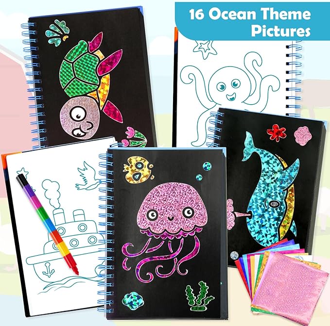 Foil Art Craft Activity for Kids: Fun DIY Toy Sticker Kit, No Mess Creative Travel Supply Set, Idea Birthday Easter Basket Stuffers Valentines Gift for Girl Boy Toddler 4 5 6 7 8 9 Year Old (Ocean)