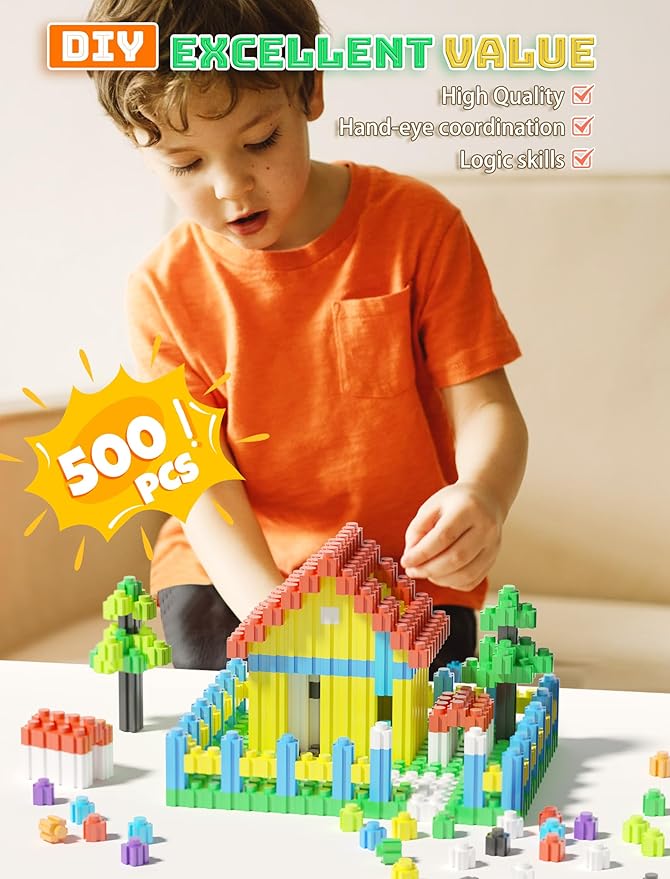 Building Blocks Construction Toy Set 500Pcs Interlocking Plastic STEM Building Toys for Kids Age 4-8,Creativity Preschool Toy for Brain Development & Hands-On Ability Improvement Toy for Boys & Girls