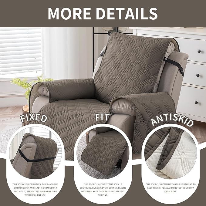 Easehomey 100% Waterproof Recliner Chair Covers, Non Slip Dog Chair Cover Furniture Protector Washable Chair Cover with Pocket, Elastic Straps for Kids,Pets,Dogs (Taupe, 23.6")