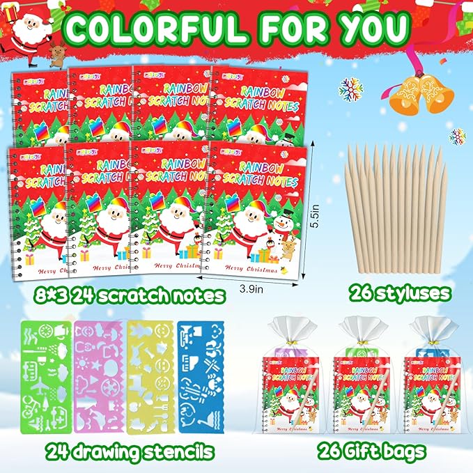 pigipigi Christmas Party Favor for Kids: 24 Pack Rainbow Art Scratch Notebook, Colorful Craft Scribble Paper Magic Black Drawing Pad kit, Activity Toy Gift Set for Girl Boy Children Birthday Christmas