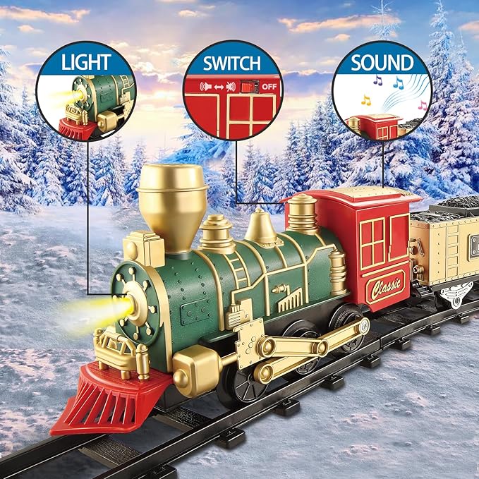 JUQU Train Set-Electric Train Sets for Boys Toddlers Classical Train Toys,Battery-Powered Locomotive Engine with Sound and Lights, 3 Cars &10 Tracks, Christmas Toy Train for Age 3 4 5 6 Years Old Kids