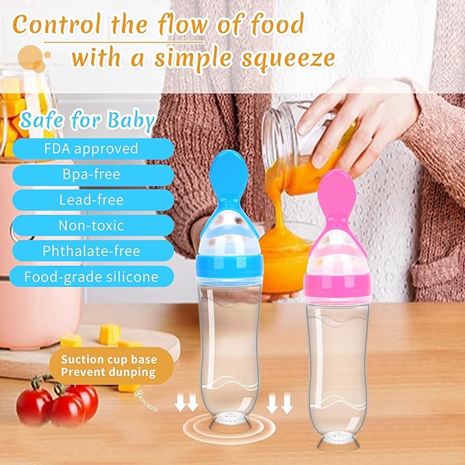 Baby Food Feeder Silicone Baby Food Dispensing Spoon-WAJIAYON, 3 oz Squeeze Feeding Spoons with Suction Cup for Boys Girl Kids Toddlers - Self Feeding Bottle Spoon -Yellow