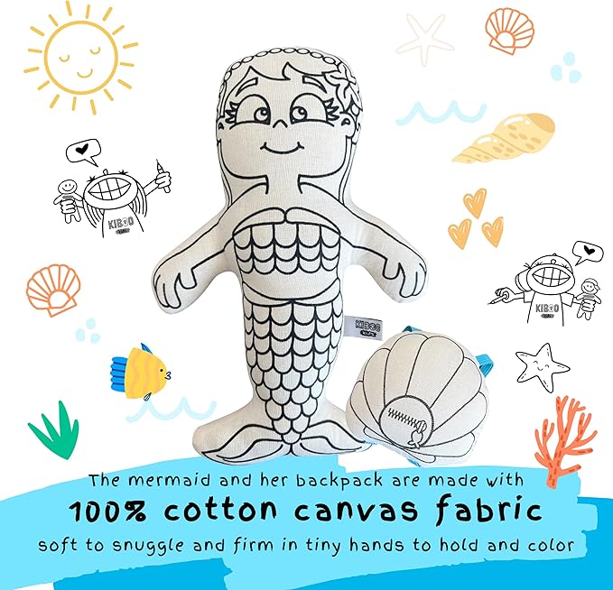 Kiboo Kids Color Your Doll - Coloring Toy for Kids - Educational Art and Crafts for Kids - Reusable Gift (9" Mermaid Doll with Mini Shell Doll Backpack and Washable Markers)
