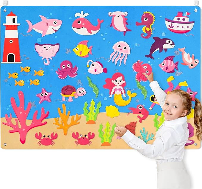 WATINC 45Pcs Pink Under The Sea Teaching Felt Board Story Set 3.5 Ft Ocean Creatures Aquarium Storytelling Flannel Interactive Play Kit with Mermaid Diver Shark Reusable Wall Hanging Gift for Toddlers