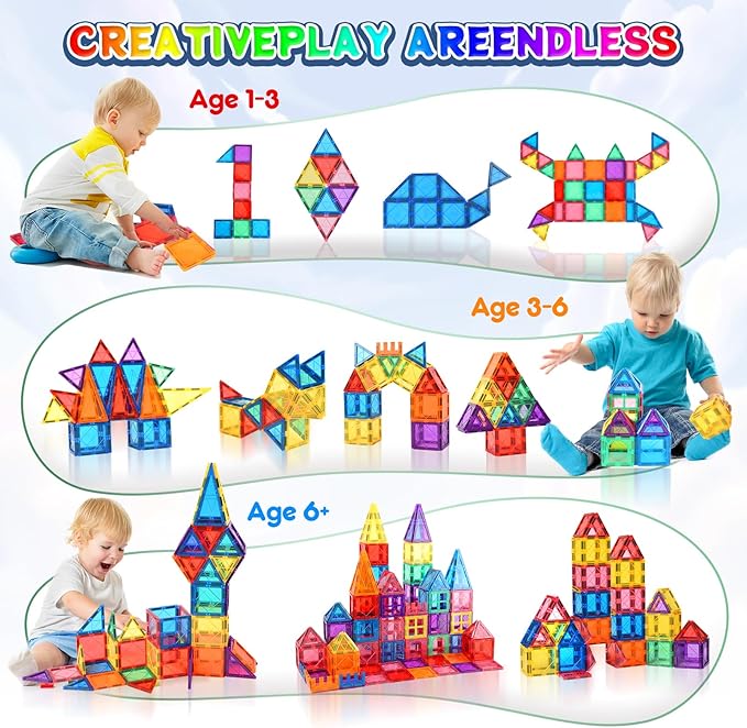 Magnetic Tiles for Kids Ages 3-5 4-8 Magnet Toys for 3 4 5 6 7 8+ Year Old Boys Girls Toddlers Magnetic Building Blocks Preschool Educational STEM Learning Construction Christmas Birthday Gifts