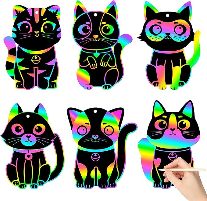 CY2SIDE 60PCS Cat Animal Scratch Bookmarks for Kids, DIY Cat Rainbow Color Paper Cards Craft Kit Birthday Decorations, Catling Pet Magic Art Project Party Favors for School Classroom Activities