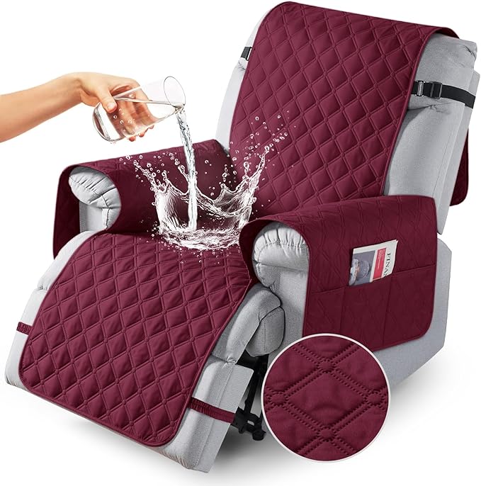 TAOCOCO 100% Waterproof Recliner Covers, Recliner Sofa Covers with Leg Straps, Reversible Recliner Couch Cover for Reclining Chair, Washable Couch Protector for Pets Kids(1 Seater 22", Wine)