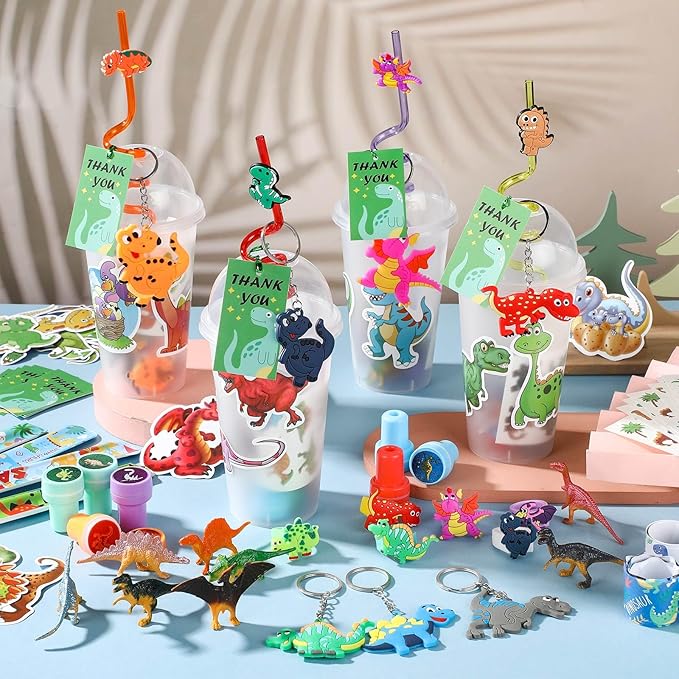 Qilery 267 Pcs Mermaid Party Unicorn Party Dinosaur Party Shark Party Favors Includes Plastic Cup with Lid Straw Keychain Bracelet Ring Stamper Stickers Tag For Party Favors Piñata Filling (Dinosaur)