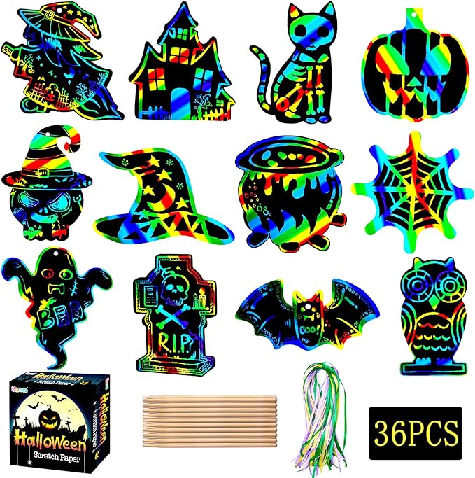 Garma Scratch Paper Craft for Kids - 36 Pcs Halloween Magic Rainbow Scratch Paper Off Cards Set for Kids Crafts Arts Supplies Halloween Ornaments Party Games Classroom Activities Birthday Gifts