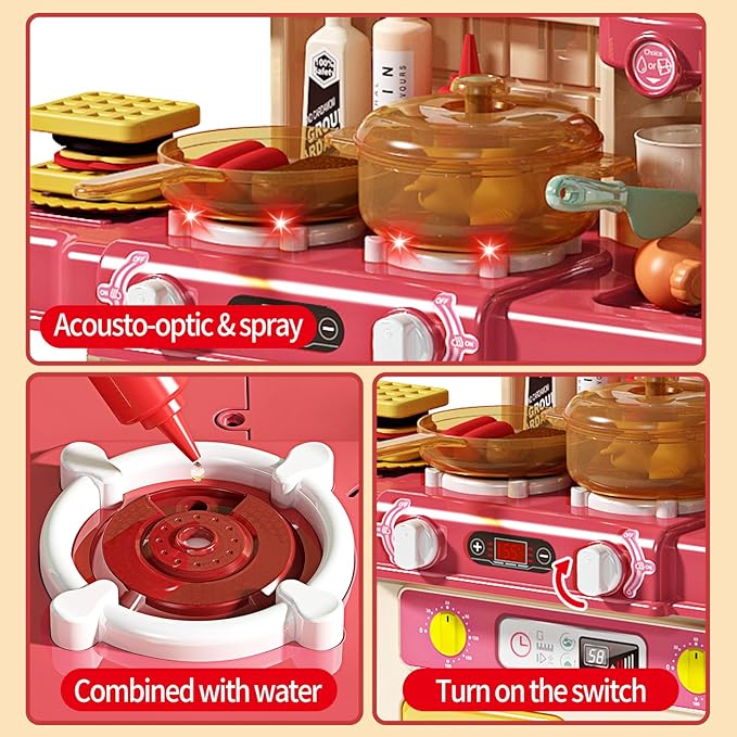 Deejoy 48Pcs Kitchen Playset for Boys & Girls, Kid Play Kitchen with Realistic Lights & Sounds, Spray Sink, Pretend Food Toys Kitchen for Toddlers (Red)