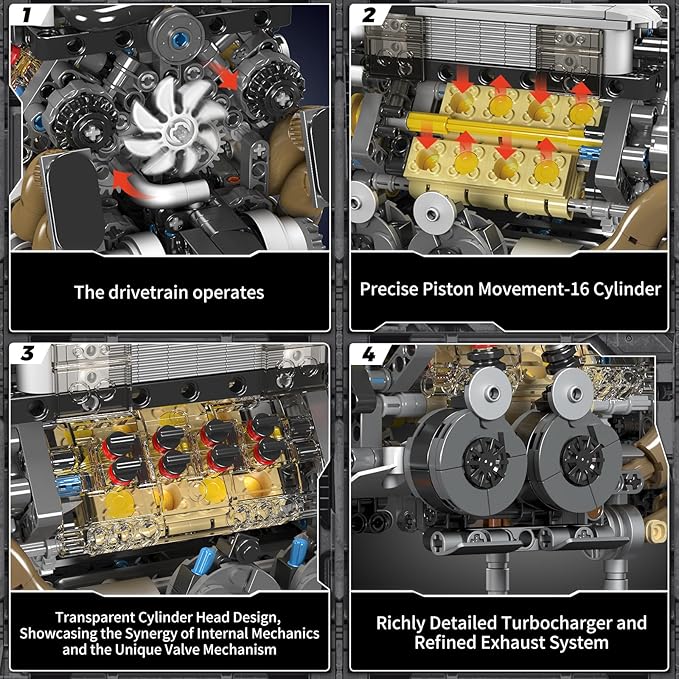 Mould King 10131 W16 Engine Building Blocks Sets, V8 Engine Model kit That Run, Build Your Own STEM Model Engine, 16-Cylinder Car Engine Building Engineering Toys for Kids/Adults Collections(952+PCS)
