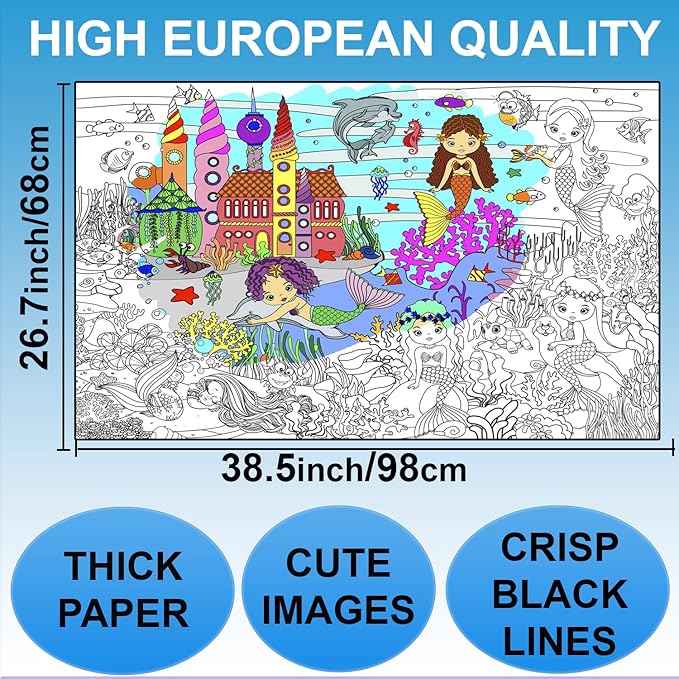 ALEX Art, Giant Coloring Poster - Mermaid Large Wall Coloring Pages - Fun Kids Art Project Activities - Jumbo Coloring Sheets Books for Girls - Huge Posters to Color - Big Floor Size 38.5”x26.7”