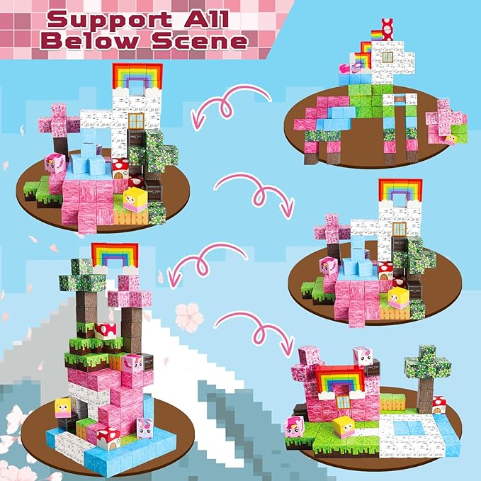 Goody King Magnetic Blocks | 100PCS Building Magnetic Pink Castle Magnetic Set,Magnetic Building Cube Game for Kids Age 3 4 5 6 7 8 9 10, STEM Montessori Stacking Toy, Sensory Tiles Building Christmas