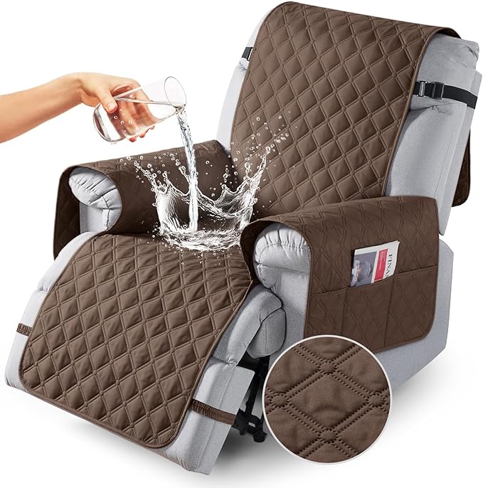 TAOCOCO 100% Waterproof Recliner Covers, Recliner Sofa Covers with Leg Straps, Reversible Recliner Couch Cover for Reclining Chair, Washable Couch Protector for Pets Kids(1 Seater 22", Brown)