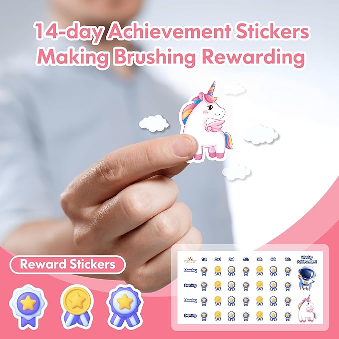 Kids Electric Toothbrush Rechargeable Age 3-5-6-12-18 Year Old, Girls Electric Toothbrush with Timer 3 Modes 4 Vibrating Heads Habit-Forming Stickers 31000VPM Girls Toothbrush (Unicorn Pink)