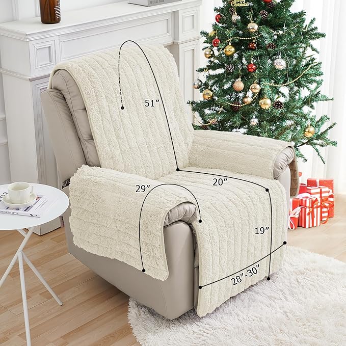 RBSC Home Plush Recliner Slipcover Chair Covers Artificial Wool Lazy Boy Cover Quilted Cover for Recliner Chairs and Furniture (Ivory, 30")