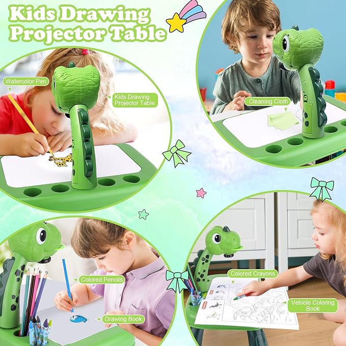 Drawing Projector for Kids, Drawing Board with Music, Color Pens, Pencils, Crayons, Scrapbook, Dinosaur Sticker Book, Ideal Toy for 3+ Year Old Girls & Boys (Dinosaur Kit)