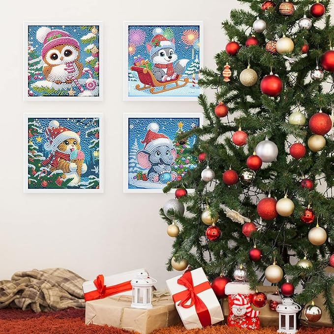 ajepon 4 Packs Christmas Diamond Art Kits for Kids Beginners-Cute Animals Diamond Painting Kits Without Frame,Cartoon Animal Diamond Painting Kits Full Drill Gem Art for Home Decor 6x6inch