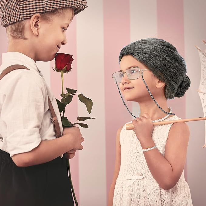Old Lady Costume for Kids Women, 100 Days of School Black White Bun Wig Glasses Wig Cap Pearl Necklace Bracelet Accessories