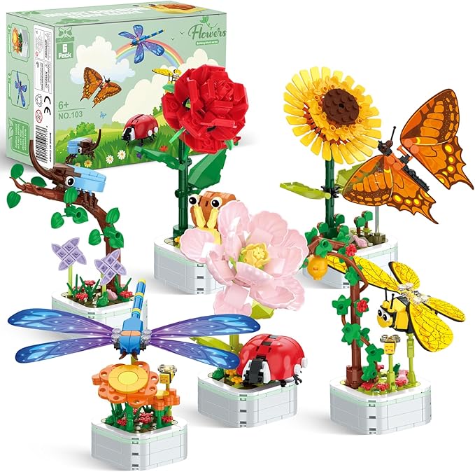 Flowers and Plant Building Set with Insects, (1214PCS) 6 Flowers Botanical Bonsai Building Set for Adults, Kids, Idea Gifts for Mother's Day, Birthdays, Creative Building Block Toys Decor for Home
