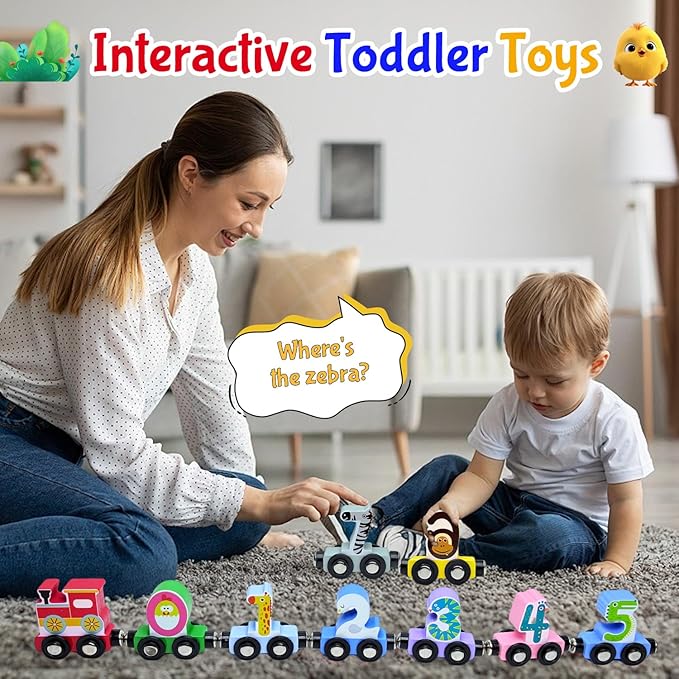 Toddlers Toy for 1 2 3 Years Old Boys Girls, 12 Magnetic Wooden Animal Digital Train Set with Storage Bag，Montessori Toys for 2-3 Years Old Toddlers, Christmas Birthday Easter Gift for Baby Toddlers