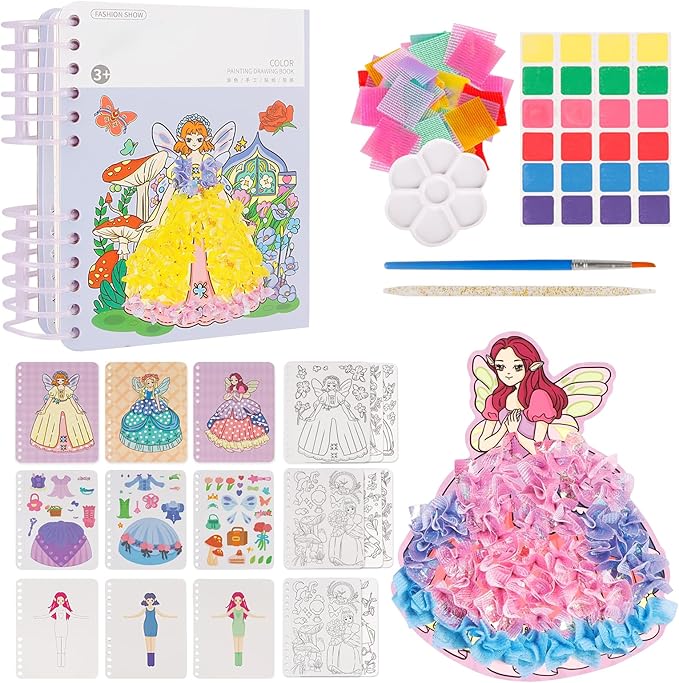 mayace Fabric Art Frenzy - 3 in 1 Creative Puzzle Puncture Painting Poke Art Kits for Kids, Childhood Infinite Dream Hand-Painted Princess Dress-up Drawing Book for Girls Kids (Purple)