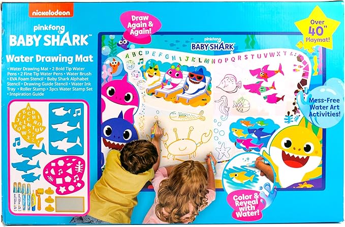 Baby Shark Water Drawing Mat by Horizon Group USA, Includes Reusable 40-Inch Water Drawing Mat, Refillable Water Brush & Pens, Stencils, Mess-Free Water Art for Toddlers, Age 3+