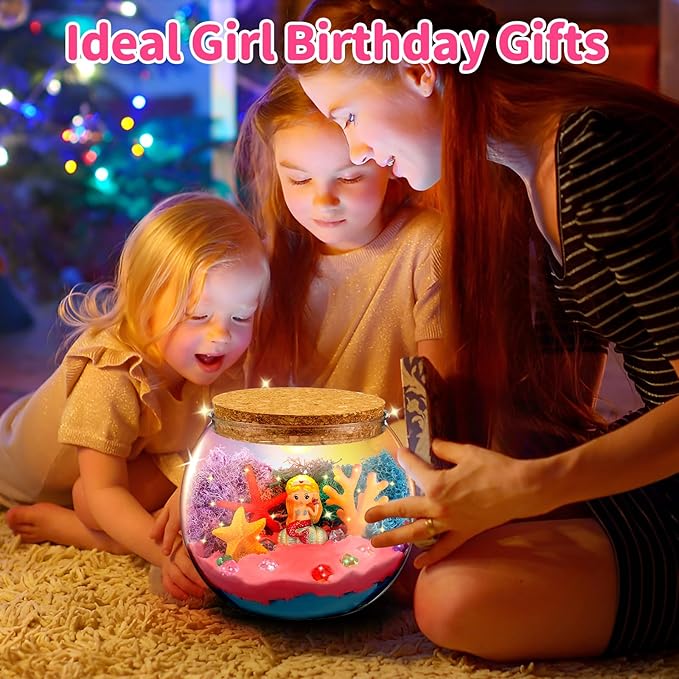 Mermaid Terrarium Kit for Kids, Light Up Terrarium Arts & Crafts Kit with Mermaids Toy for Girls, Fun DIY Mermaid Arts and Crafts Projects, Birthday Gifts for Girl Ages 3 4 5 6 7 8 9 10 11 12 Year Old