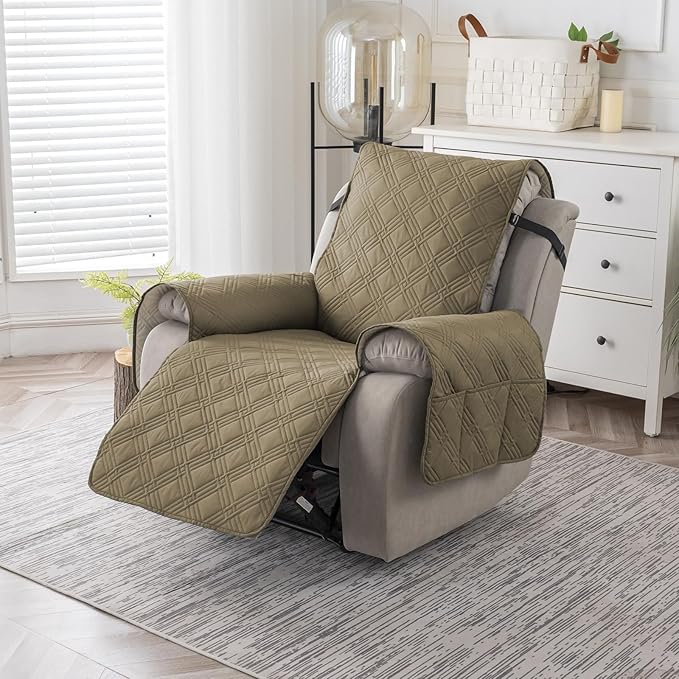 Easehomey 100% Waterproof Recliner Chair Covers, Non Slip Oversized Reclining Cover, Cover Furniture Protector Washable Chair Cover with Pocket,Elastic Straps for Kids,Pets,Dogs(Khaki,28")