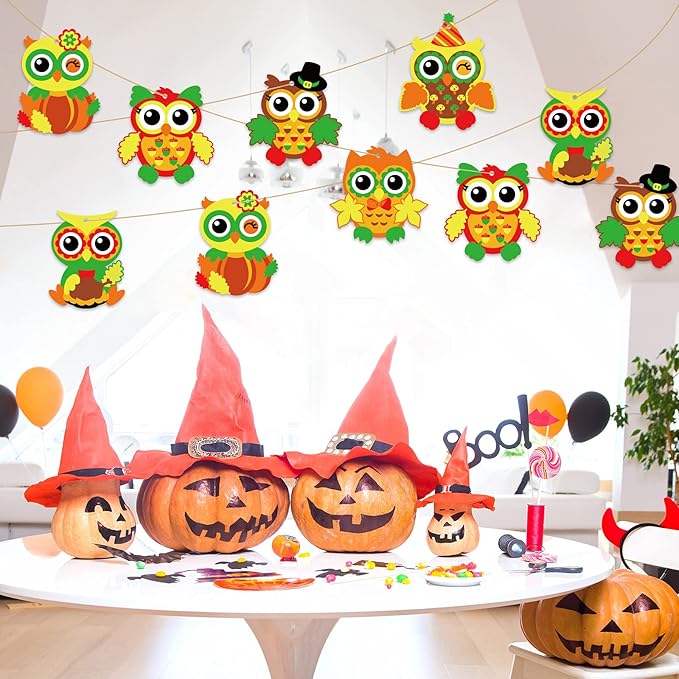 chiazllta 30 Packs Thanksgiving Fall Craft for Kids Thanksgiving Owl DIY Art Craft with Fall Autumn Leaves Pumpkins Stickers Make Your Own Owl Set for Kindergarten Home Class Game Activities