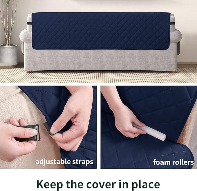 CHUN YI Loveseat Cover, Water Resistant Slipcover for 2 Cushion Couch, Reversible Washable Sofa Cover with Adjustable Strap Storage Pocket for Living Room Dog Pet (Loveseat, Navy-1)
