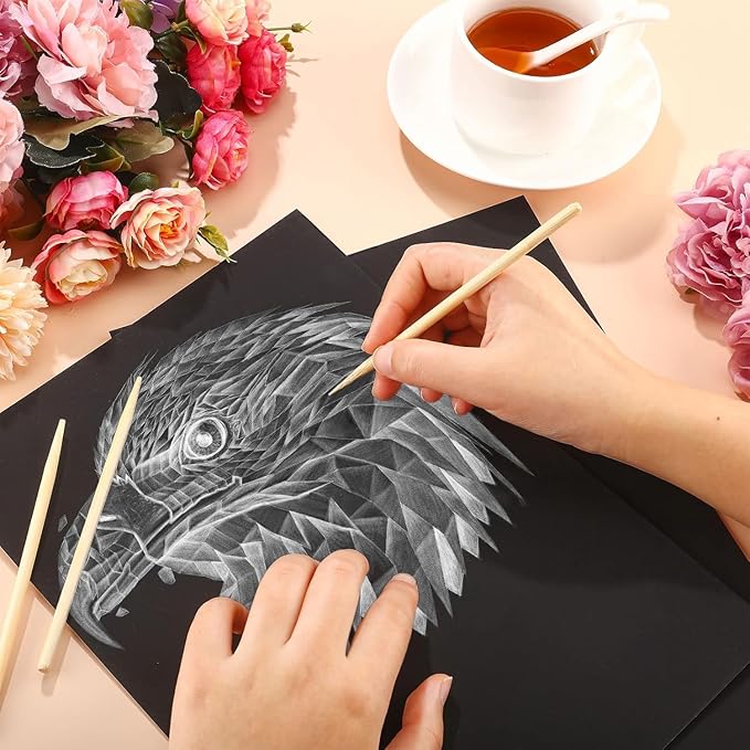 Gersoniel 25 Pieces Scratch Paper Art Set Craft Kits Black Coated Scratchboard Black Scratch Off Paper with Wooden Stylus for Valentine's Day Gifts Birthday Party Supplies