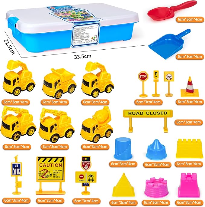 Hymaz Construction Sensory Bin, 33 pcs Construction Toys Sensory Bins for Kids 2-4 5-7, Sandbox with lid Sand Castle Building kit, Kids Play Sand for Sandbox Toys, Sand Kit for Xmas Birthday Gift