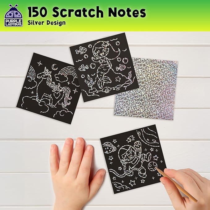 PURPLE LADYBUG Silver Holographic Scratch Art Mini Notes - Scratch Art Notes for Kids, Kids Games, Craft for Kids Summer Activities, Airplane Activities for Kids Ages 4-8, Camping Games for Kids
