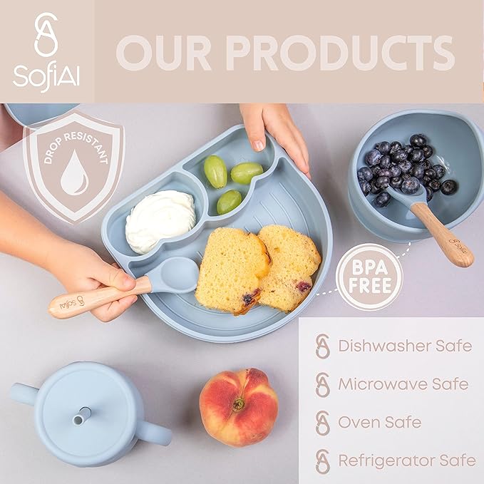 All In One Silicone Baby Feeding Set By SofiAl - Safe for 6-12 Months - Non-Toxic Baby Led Weaning Supplies - Toddler Self Feeding Utensils - BPA-Free - Mess Free Baby Feeding Essentials