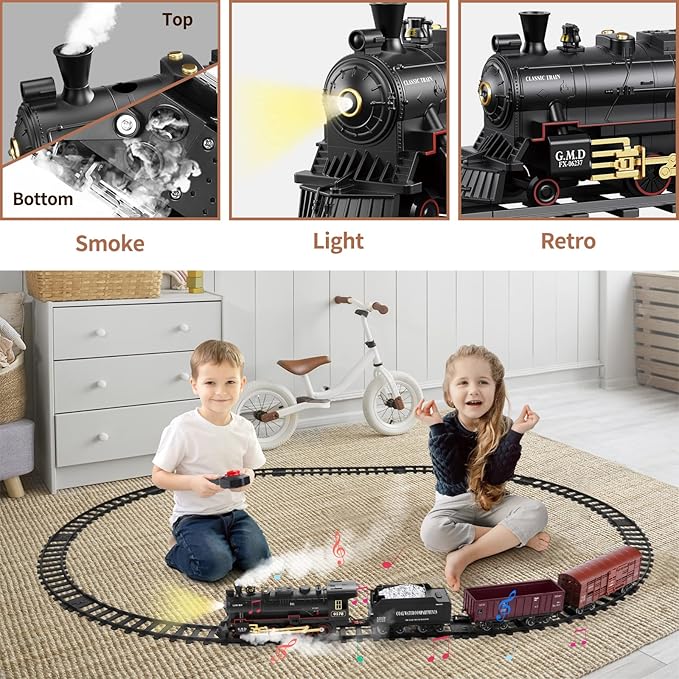 Train Set with Remote Control,Electric Train Track Around Christmas Tree W/Cargo Vehicle,Light & Sounds,Alloy Steam Locomotive Engine Train Toy Gift for Boys Girls 4 5 6 7 8 9 10