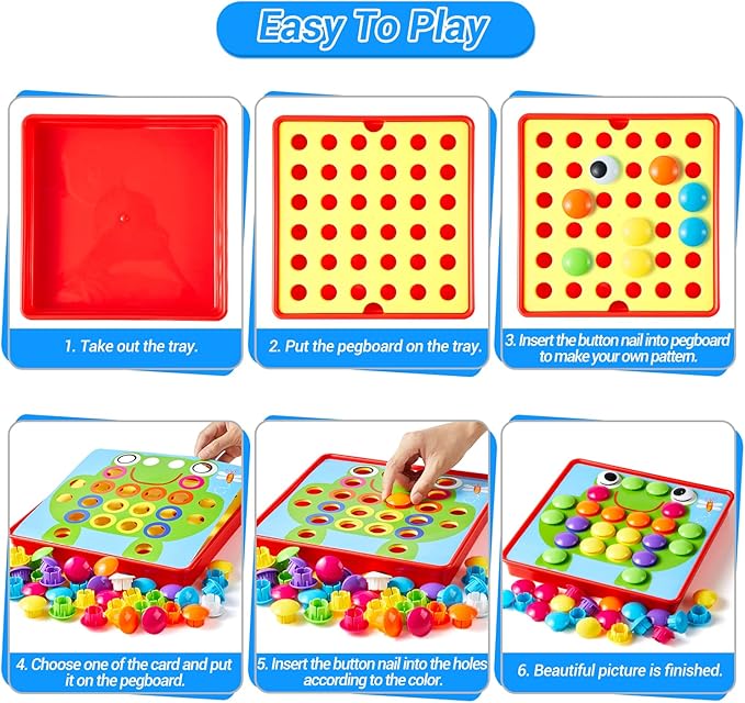 Geekper 68PCS Button Art Toys for Toddlers Color Matching Mosaic Pegboard, Early Learning Educational Toys for 3, 4, 5, 6 Year Old Kids Boys and Girls, 10 Pictures and 58 Buttons