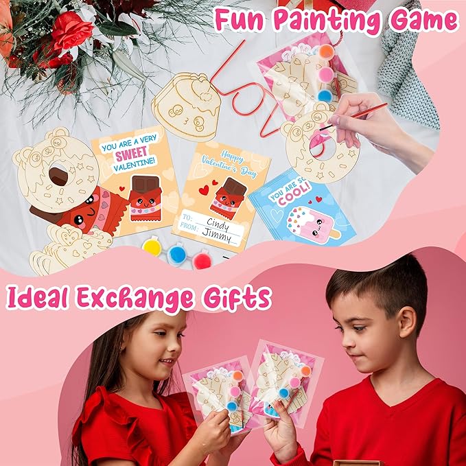 CJiangpo 24 Pack Valentine’s Day Dessert Wood Painting Craft Kits, Valentines Cards with Watercolor Paint Bulk for Boys Girls, Color Your Own Wooden Craft Kids Classroom Exchange Gift Party Favors