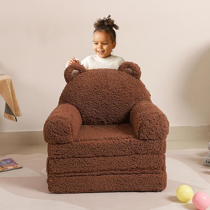 Foldable Kids Sofa, Sherpa Teddy Bear Toddler Couch with Tri Folding Foam Cushions, Comfy Kids Couch for Kids Age 3-6