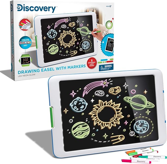 Discovery Kids Neon Glow Drawing Easel w/ 6 Color Markers, Built-in Kickstand/Wall Mount, 5 Light Modes, Easy Clean/Washable, Wide Screen, Flat Storage, Portable Travel Activity, Electronic Activity
